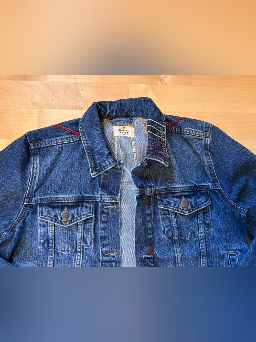 Marine Layer Women’s Dark Blue Denim Jacket with Colorful Stitching Size S - Picture 2 of 3